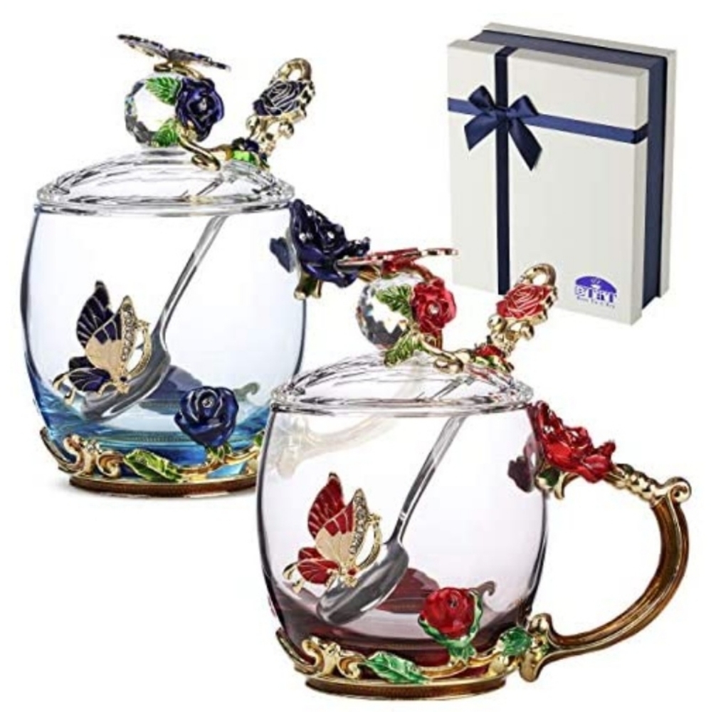 Brew to a Tea glass teacups blue, red flowers butterflies, mothers day.
